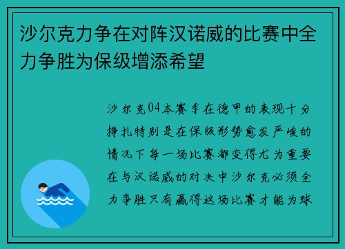 沙尔克力争在对阵汉诺威的比赛中全力争胜为保级增添希望